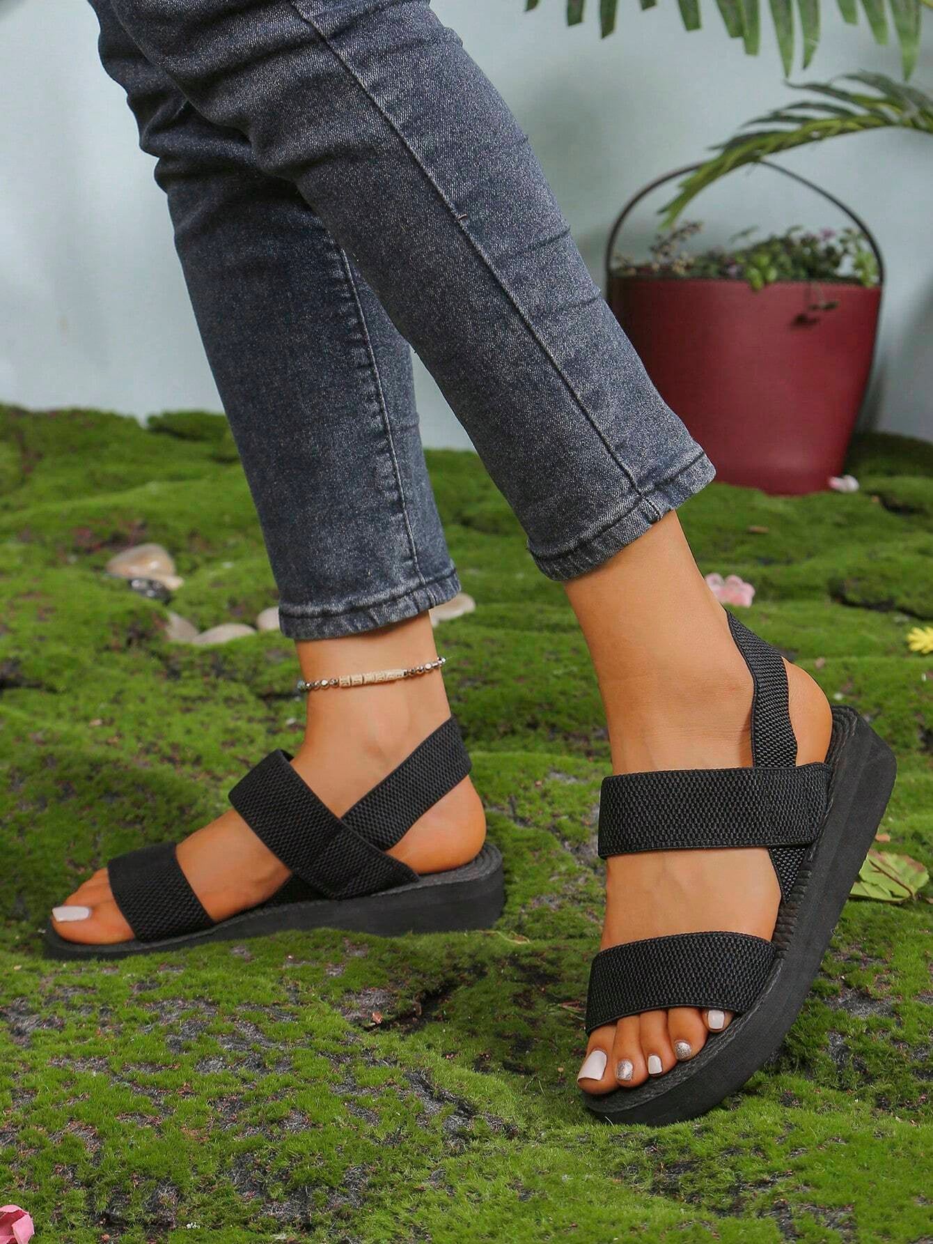 Mid-Heel Black Linen-Like Sandals for Women, Fashionable and Lightweight, Suitable for Wearing Outside, Beach, Daily, Simple, Women'S Summer and Autumn Slippers