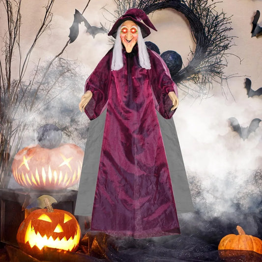 Halloween Life Size Talking Witch Purple Sound Activation Spooky Animatronic Witch Halloween Decoration Decor Prop