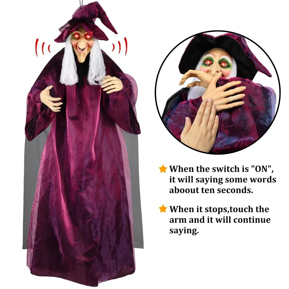 Halloween Life Size Talking Witch Purple Sound Activation Spooky Animatronic Witch Halloween Decoration Decor Prop